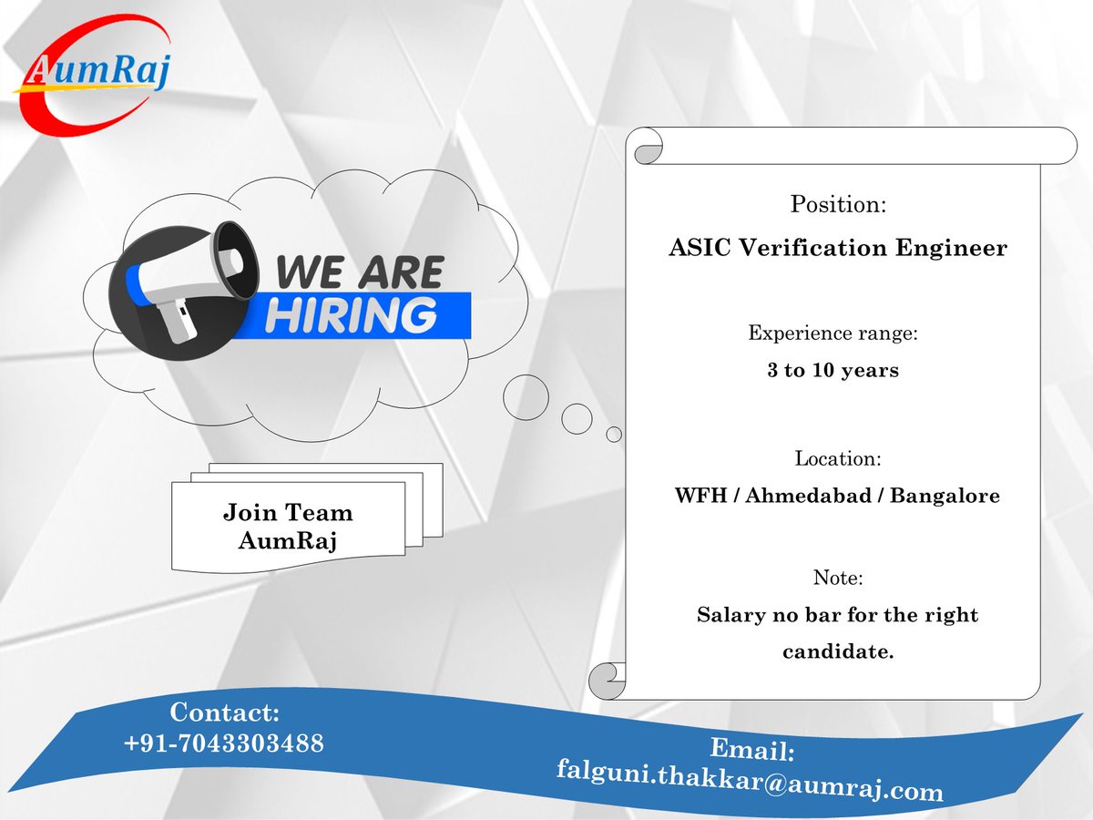 AumrajInc's tweet image. AumRaj is actively looking for an experienced ASIC Verification Engineer.

#ASIC #verification_engineer #vlsi #jobseakers #wfh #job_in_ahmedabad #job_in_bangalore #semiconductor #electronicsandcommunicationengineering  #experinced_engineers #immediatejoiners #activelylooking