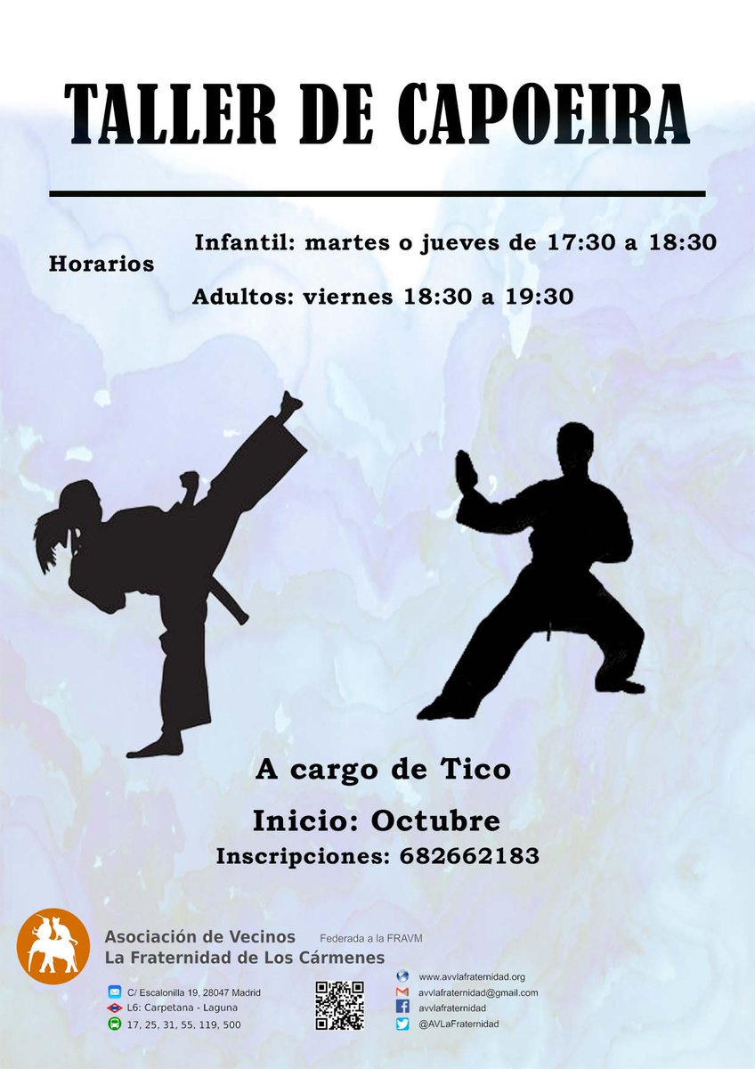 Talleres de capoeira
- A cargo de Tico
- Horario: 
Infantil: martes o jueves de 17:30 a 18:30
Adultos: viernes 18:30 a 19:30
 
- Inicio: octubre.
- Inscripciones: 682662183 
#loscarmenes #carpetana #laguna