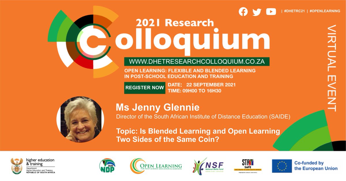 The next presenter is Ms Jenny Glennie, Director of the South African Institute of Distance Education (SAIDE)

Topic: Is Blended Learning and Open Learning Two Sides of the Same Coin?
#DHETRC21 #OPENLEARNING 

To watch her live: https://t.co/ymVtw6vnkb https://t.co/aZ7QlmUTjM