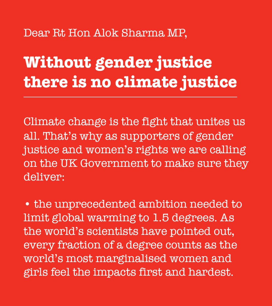 ActionAidUK's tweet photo. Without gender justice there is no climate justice. 

Today with allies across the UK we're demanding @AlokSharma_RDG takes urgent action to support women and girls as leaders and frontline responders in the #ClimateCrisis. Please RT.
#Wednesday4Women #GreatBigGreenWeek https://t.co/OxaY0ZHIio