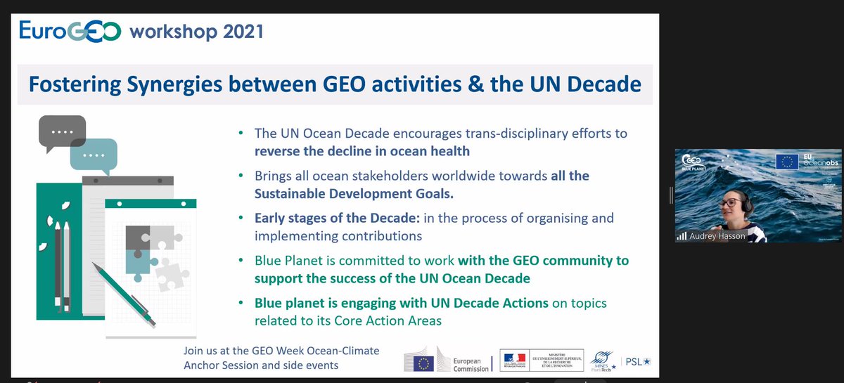 Fostering synergies between @GEOSEC2025 & @UNOceanDecade at #EuroGEO workshop 2021 with 
@GEOBluePlanet EU coordinator @audrey_hasson @MercatorOcean
More on #EGW2021 #EarthObservation-based solutions to support the #EUGreenDeal, #OceanDecade, @unsdgs2030
👉🏽europa.eu/!rVbgDk