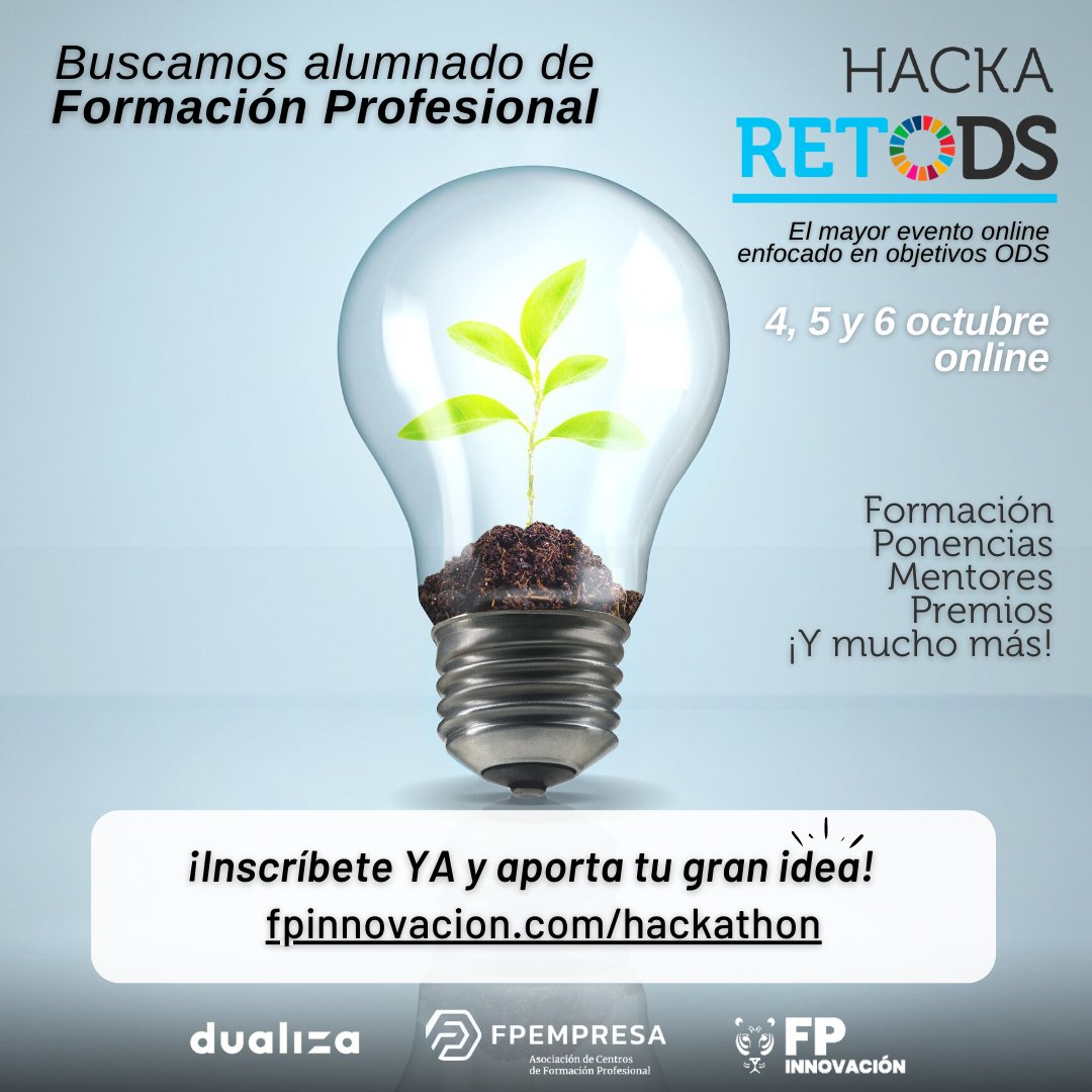 📣¡Llega el Hacka #retODS!

✅4, 5 y 6 de octubre
✅Online el horario lectivo
✅Elige entre los 17 retos sobre Objetivos de Desarrollo Sostenible de las Naciones Unidas

➡️➡️➡️Inscríbete o infórmate YA aquí bit.ly/hacka-retods

@DualizaBankia  <a href="/fp_empresa/">FPEmpresa</a>  <a href="/FPinnovacion/">FPiE+ Emprendimiento Aumentado</a>