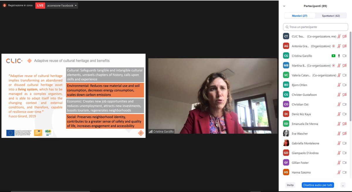 CLIC_EU's tweet photo. Cristina Garzillo @ICLEI_Europe at #CLICFinalConference focusing on the Local Action Plans for the #adaptivereuse of abandoned/underused #culturalheritage co-created with local stakeholders under the HIP process in the 4โฃ pilots @vgregion @comune_salerno @De_Zwijger @gradrijeka https://t.co/hfhB6dWTS7