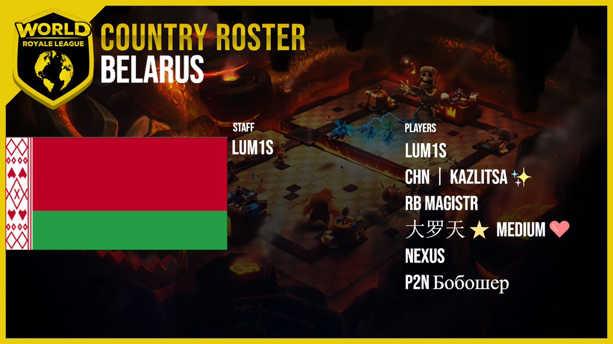 WRL Season 7 Roster Reveal!
Team <a href="/TeamBelarusCR/">Team Belarus</a>🇧🇾 

Staff
🗣️<a href="/_Lum1s_/">Lum1s</a>

Players
👤<a href="/_Lum1s_/">Lum1s</a>
👤@KazlitsaCR
👤<a href="/Magistr_CR/">Magistr_CR</a>
👤<a href="/Medium_Cr/">X-Medium ⚡</a>
👤<a href="/N3xusCR/">Nexus</a>
👤<a href="/maksteror/">Maksteror</a>

Good luck Team Belarus!