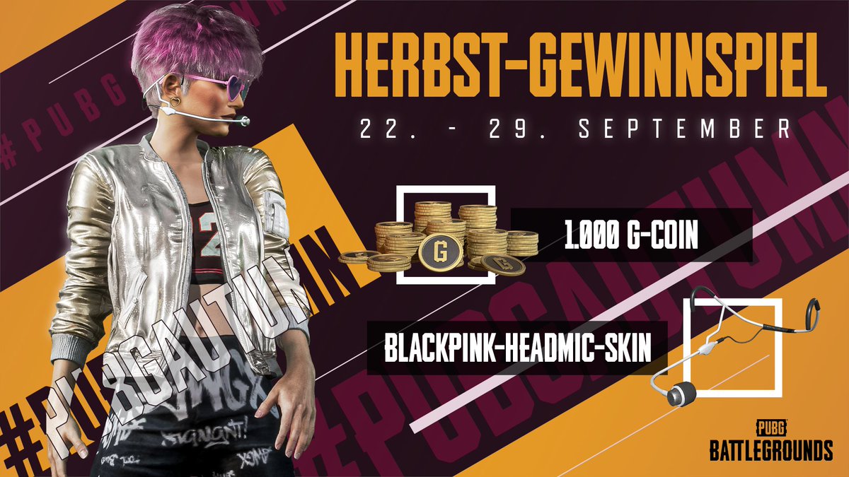 PUBG_DE's tweet photo. Hey PUBG-Fans! Es ist Zeit für ein Herbst-Giveaway!🍂

5 zufällige Gewinner erhalten 1.000 G-Coin &amp; ein BLACKPINK-Headmic-Skin!

✔️ Like &amp; RT
✔️ Folgt uns
✔️ Kommentiert wo in PUBG ihr euren Herbst verbringen würdet mit dem #PUBGAutumn

Beeilt euch – nur bis zum 29.09.2021! (18+) https://t.co/E82i6EfQ6W