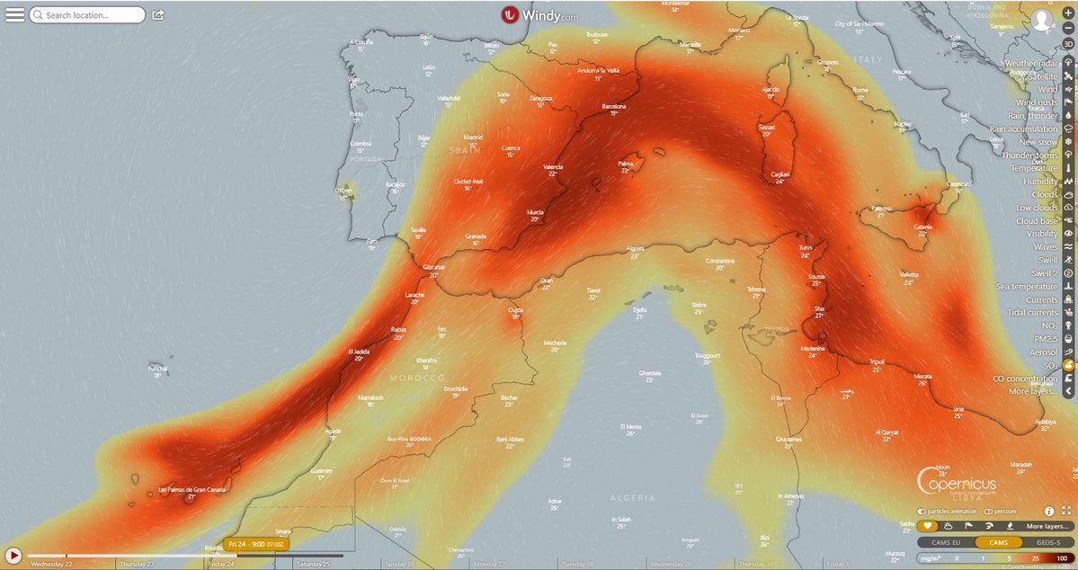CopernicusEU's tweet photo. #Copernicus for #LaPalmaEruption 🌋

In addition to the lava flow, the #volcano is releasing a large amount of SO2 into the atmosphere.

⬇️Sulphur dioxide forecast provided by our Copernicus Atmosphere Monitoring Service #CAMS for 24 Sept at 9:00 UTC (visualisation by @Windycom) https://t.co/1J7yHeboAx