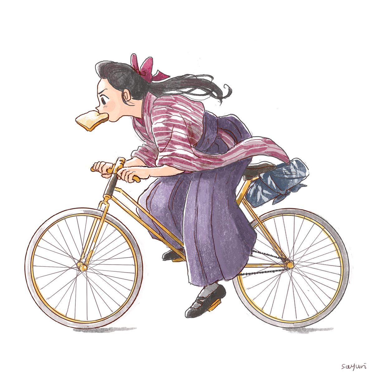 1girl bicycle solo hakama ground vehicle japanese clothes food  illustration images