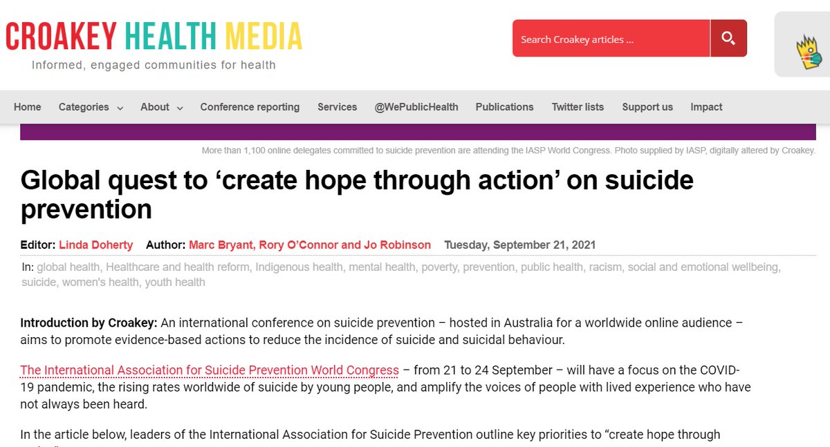 LivingWorksAus's tweet photo. Our Dir Suicide Prev @MarcBryantAu joined @JoRobinson_Aus @suicideresearch to co-author an overview with @CroakeyNews this week's #IASPGOLDCOAST2021 as an opportunity to "highlight #COVID19, young people, &amp; amplify voices of people with lived experience"
https://t.co/RDuPQbuREk https://t.co/vZuippwqkx
