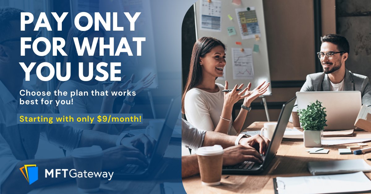 Personal usage or a full-featured B2B Trading gateway ; MFT gateway offers pricing plans for any type of business requirement. Starting with only $9 per month.

See our Plans : ow.ly/6kh250Gemxg

#mft #mftgateway #aws #amazons3 #managedfiletransfer