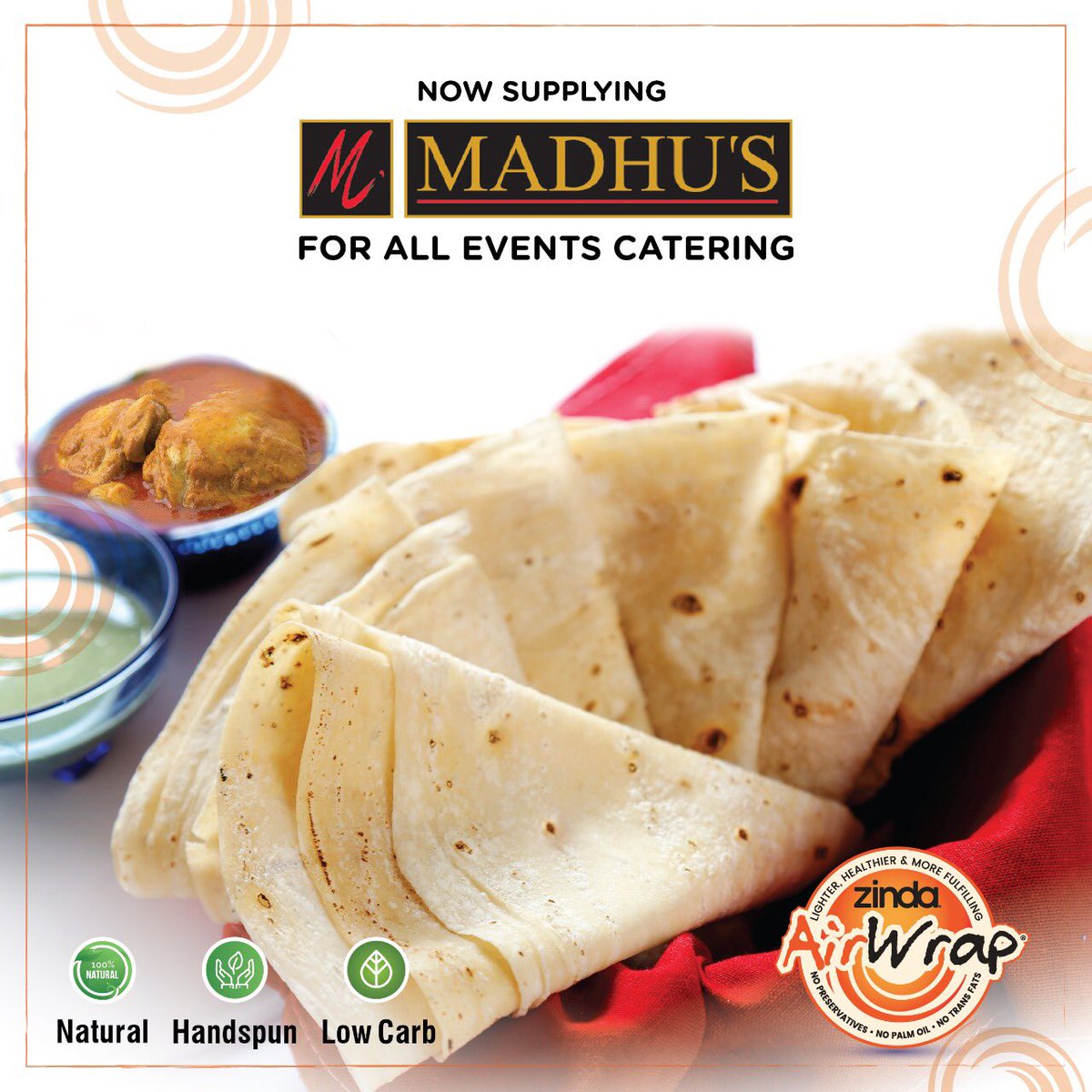 Love #curry ? Here's a new accompaniment to scoop it up with!

Now being offered as part of your Indian bread selection at @madhus

#events #hospitality #indianfood #deliciousfood #roti #light #natural #AirWraps #handspun #sourceofprotein #lowcarb #lowfat #highfibre #vegan