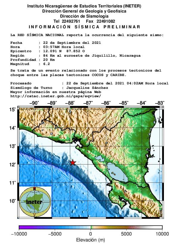 Somos2V's tweet photo. #ÚltimoMinuto #Nicaragua Se reporta fuerte sismo en Managua, León, Chinandega  y Masaya 

Segun Información premiliminar, el sismo de hace pocos minutos fue de una magnitud de 6.2, a 84 km al suroeste de Jiquilillo. https://t.co/JVoOwvfEsk