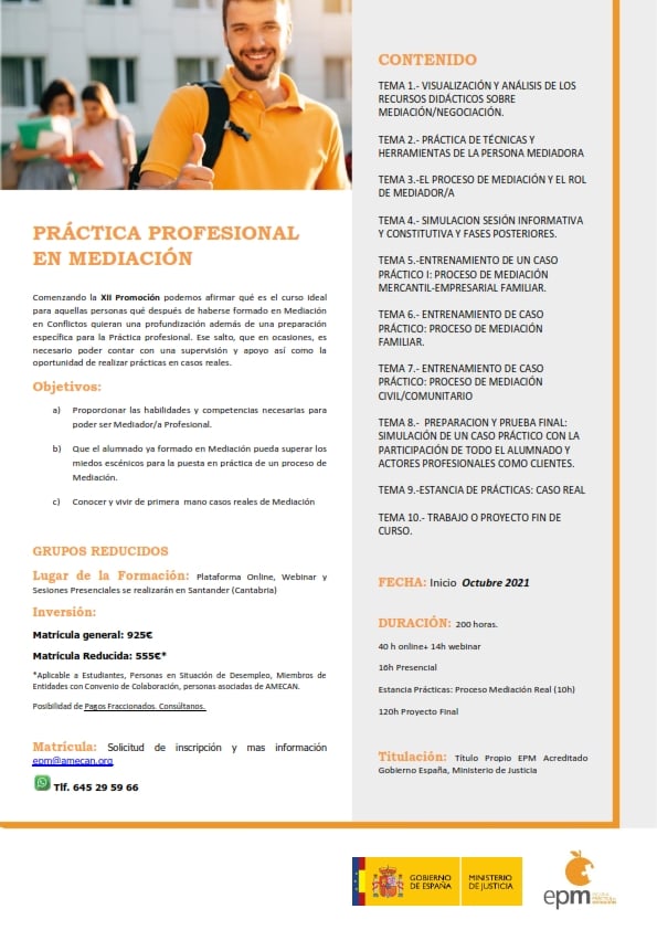 ⚠ ¿Tienes formación previa en Mediación y deseas seguir profundizando desde la práctica?
👉 Abrimos plazo de matricula hasta completar grupo.
¡Comenzamos en Octubre!
☎️Mas info: epm@amecan.org // 645 29 59 66