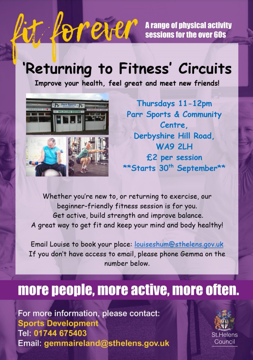 St Helens Active Lives & Sports Development (@sportsdevsth) on Twitter photo After a great meeting with our friends at <a href="/ParrSports/">Parr Sports & Community Centre</a> Community Centre yesterday, we're excited to announce we have a new 'Fit Forever' Fitness Circuits session taking place on Thursdays, 11-12pm.
Whether you're new to, or returning to exercise, we'd love to have you join us! After a great meeting with our friends at <a href="/ParrSports/">Parr Sports & Community Centre</a> Community Centre yesterday, we're excited to announce we have a new 'Fit Forever' Fitness Circuits session taking place on Thursdays, 11-12pm.
Whether you're new to, or returning to exercise, we'd love to have you join us!