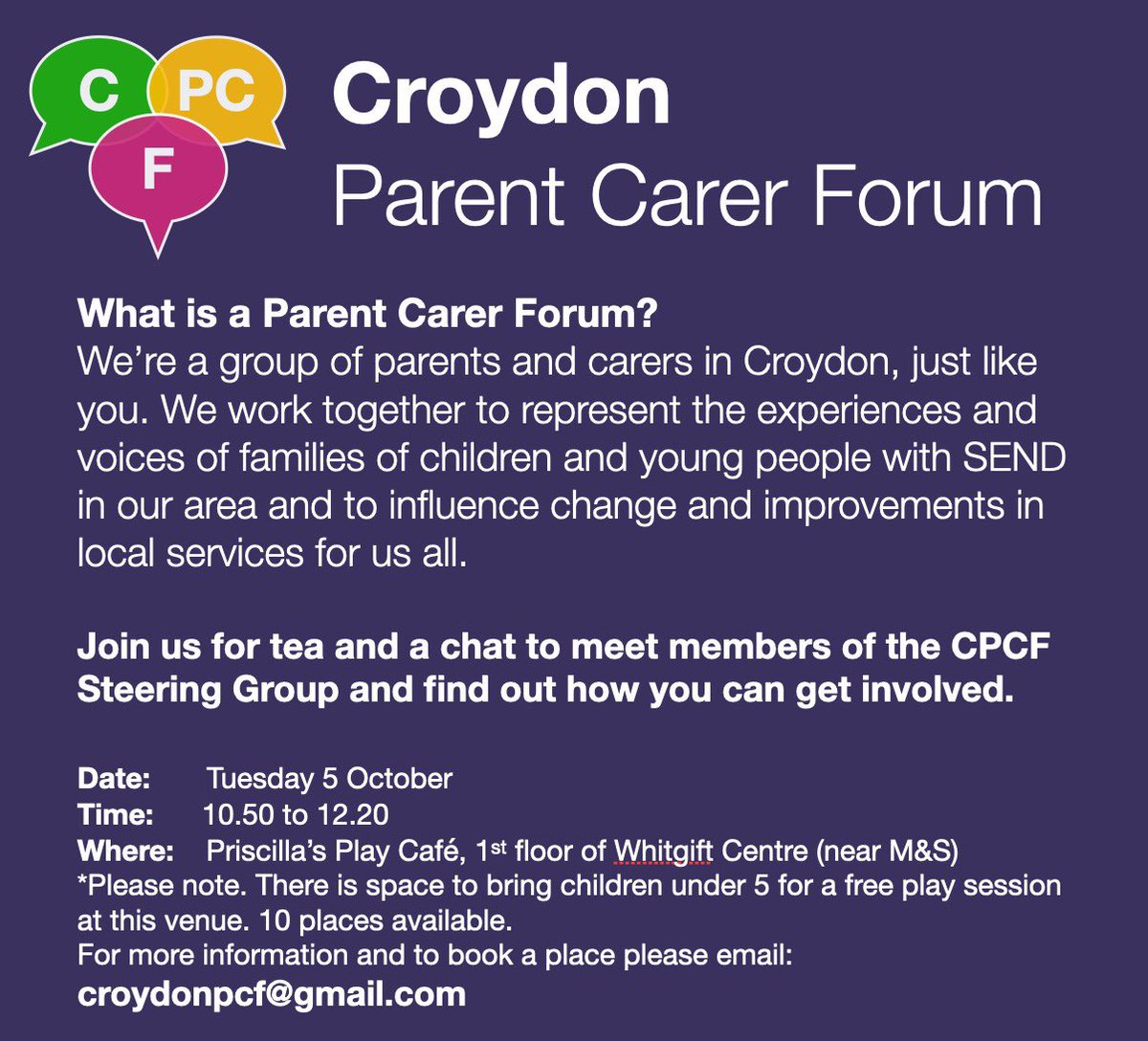 Upcoming event: Say hello to members of the Parent Forum steering group and find out how you can get involved.