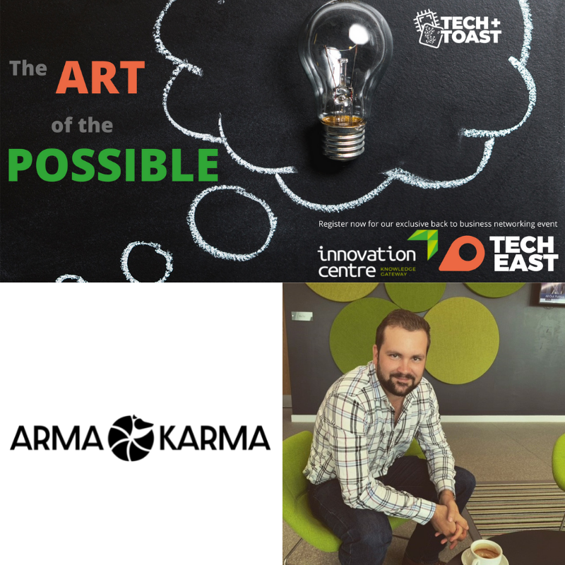 TechEastUK's tweet photo. The @CentreGateway The Art of the Possible back to business innovation event is delighted to have @ChrisFrogner co-founder &amp; CFO @ArmaKarmaUK. Join us for an innovative morning with #techandtoast &amp; networking.  https://t.co/RK5YsmSUM8 https://t.co/xwi8n8mx2d