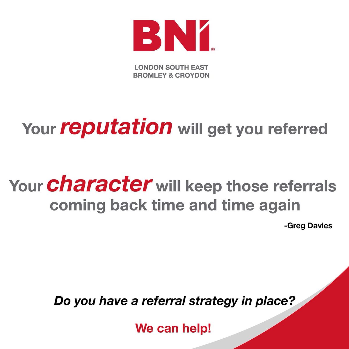 Referrals will come, how you handle them will dictate if they keep coming!

Referred business is the Holy Grail for any company, treat it well! #BNI #BNILSE #BNIisBetter #Business #SmallBusiness #SME #Networking #Referrals #GiversGain