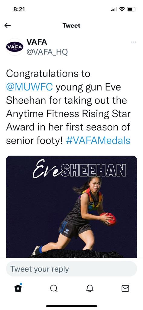 Very proud of one of our family members in niece Eve winning this award tonight - talented state cricketer as well - sport the winner !