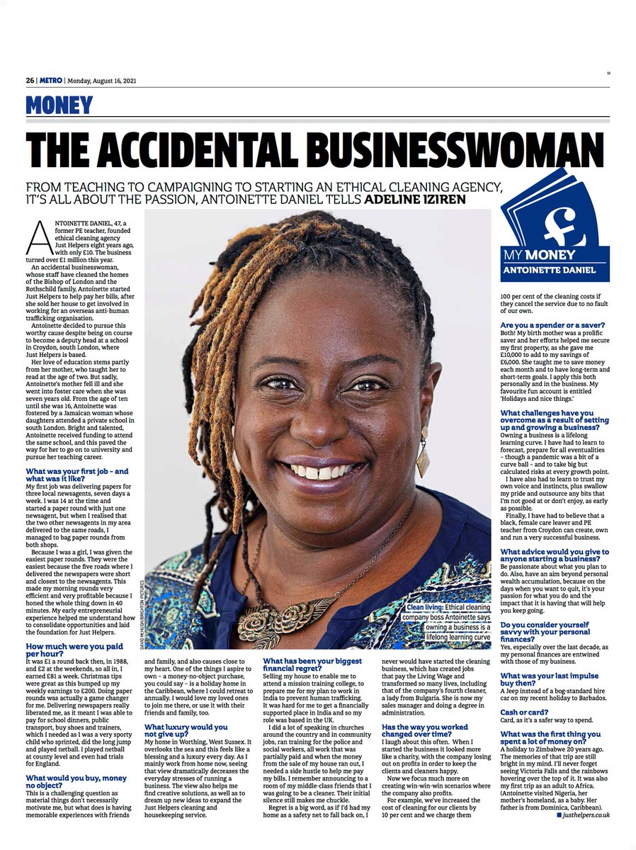 JustHelpers1's tweet image. On #BusinessWomensDay, we support all those women who are making waves in the business world. Here's the story of our own founder, Antoinette Daniels and how Just Helpers came to be @MetroUK 

 #EthicalBusiness #EcoConscience #CleaningService #womeninbusiness #entrepreneur