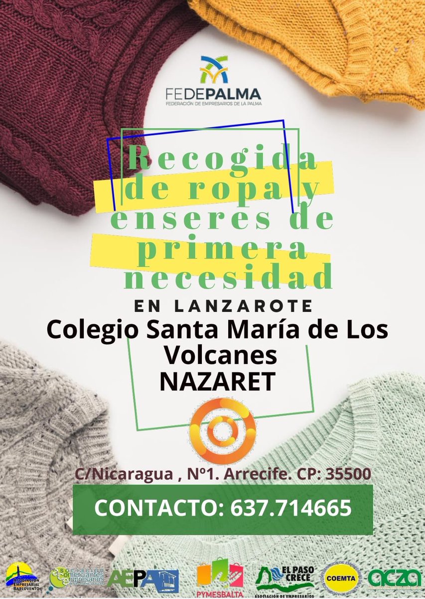 NazaretArrecife's tweet photo. Nuestro corazón está con todos los palmeros. ❤️Nos sumamos a @FedepalmaOrg como punto de recogida de ropa, alimentos y enseres de primera necesidad en Lanzarote. 🙏Hacemos un llamamiento urgente a la solidaridad de todas las familias del colegio. #LaPalmaEstamosContigo https://t.co/9NerQrtpCU