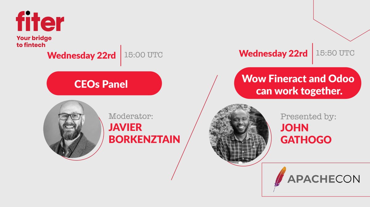 Fiter_io's tweet photo. Today is day two of the #ApacheCon 2021, and we invite you to join us for two events. Fiter CEO @jborkenztain will be moderating the CEO's Panel followed by John Gathogo who will be demonstrating how Fineract and Odoo can work together. Stay tuned, there’s more to come.
#fineract https://t.co/fO1JS4faA7