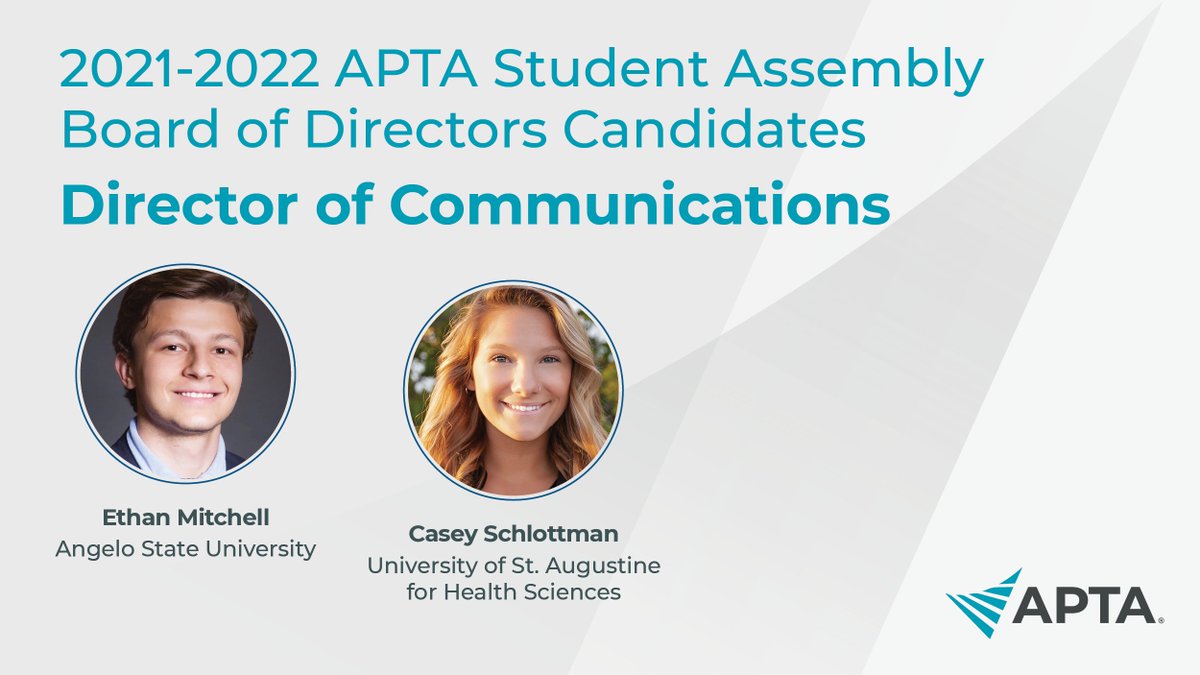 The Student Assembly Board of Directors represents all student members of APTA. 22 students are running for 9 positions on the board, and over the next month we'll introduce you to all of them.

Voting opens Oct. 7!

bit.ly/3ifevMn