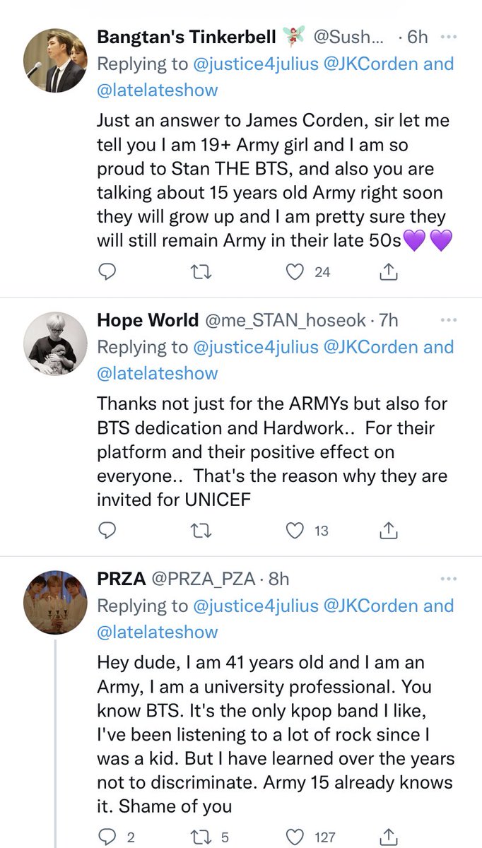 yuhagustd's tweet photo. ARMYs i understand that we are all upset about the James Corden issue but PLEASE don’t also reply under the tweets he retweets!! https://t.co/32dCR0QkWs