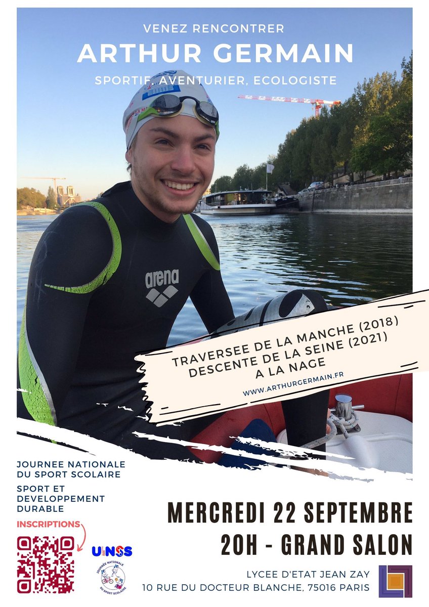 Ce soir, @ArthurG_H racontera sa  descente de la Seine à la nage 🏊🏼🛶 et sensibilisera les élèves CPGE du lycée d’Etat Jean Zay de @Academie_Paris à la nécessaire protection de notre environnement ! ☘️ #JNSS2021 #ChaqueActeCompte #SportPlanete @maif #ReviensDansLeJeu @UNSS_Paris