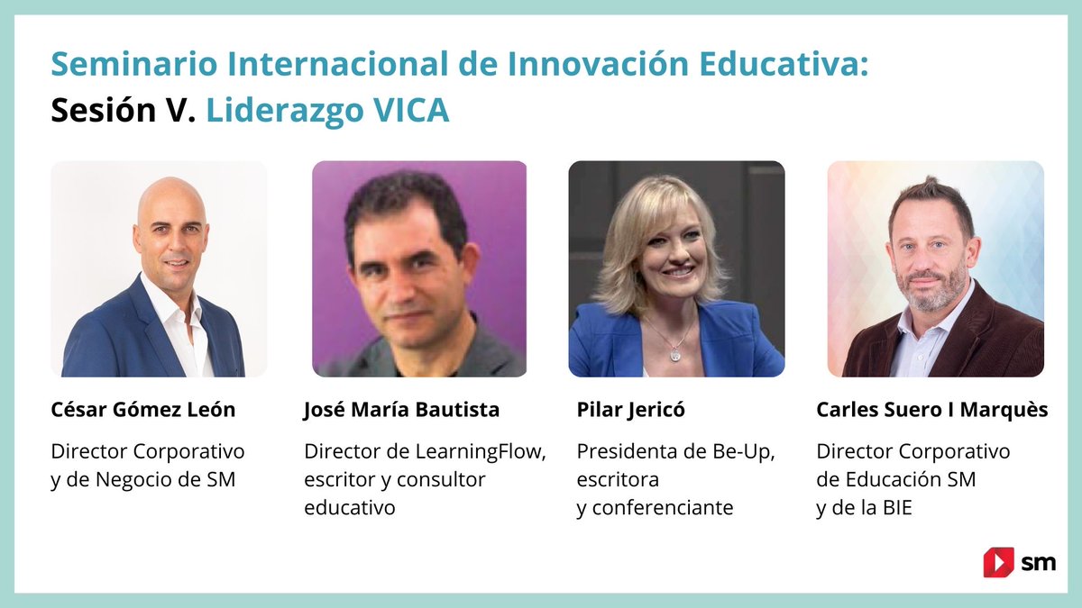 SM_Espana's tweet image. SM te invita al V Seminario Internacional sobre Innovación Educativa: Liderazgo VICA, una oportunidad para actualizarte y reflexionar sobre las últimas propuestas de innovación educativa.
🗓️ 28 de septiembre
⏰ De 18h a 19h
➡️ ow.ly/Tgnw50GepeC
#JuntosCuidamosLaEducación