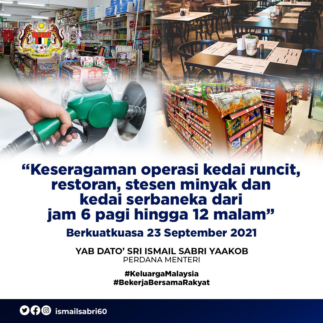 IsmailSabri60's tweet photo. Hari ini, Johor, Pahang dan Negeri Sembilan juga telah diberi kebenaran untuk beralih ke fasa seterusnya. Selain itu, bermula esok, operasi premis perniagaan seperti kedai runcit, restoran, stesen minyak dan kedai serbaneka dipanjangkan bermula dari jam 6 pagi hingga 12 malam. https://t.co/H6sMWUP5mD