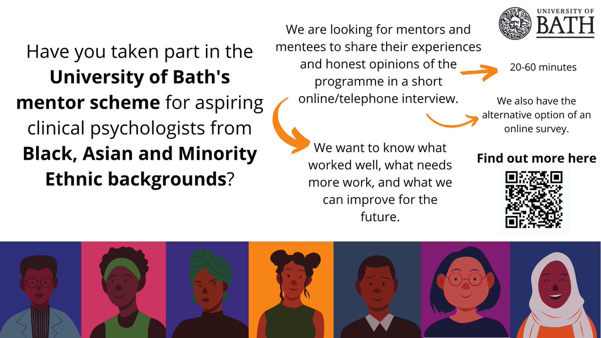 Participants wanted! <a href="/bamementor/">Black, Asian, & Minority Ethnic Mentor Scheme</a>

We are currently evaluating <a href="/BathPsychology/">Psychology at Bath</a>'s BAME mentor scheme for the doctorate in Clinical Psychology, and are looking for mentees and mentors to share your thoughts in an interview or online survey!

Find out more: bathpsychology.eu.qualtrics.com/jfe/form/SV_0v…