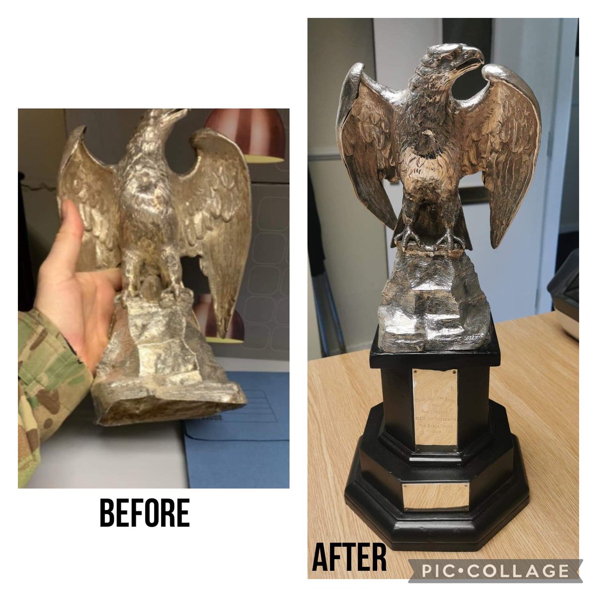 An eagle presentation repair

The bottom had been slightly crushed so we repaired this and created a powerful new look with a tall black plinth and silver engraved plates.

Don’t hesitate to get in touch with us either via email or phone number regarding repairs!

#silverrepair