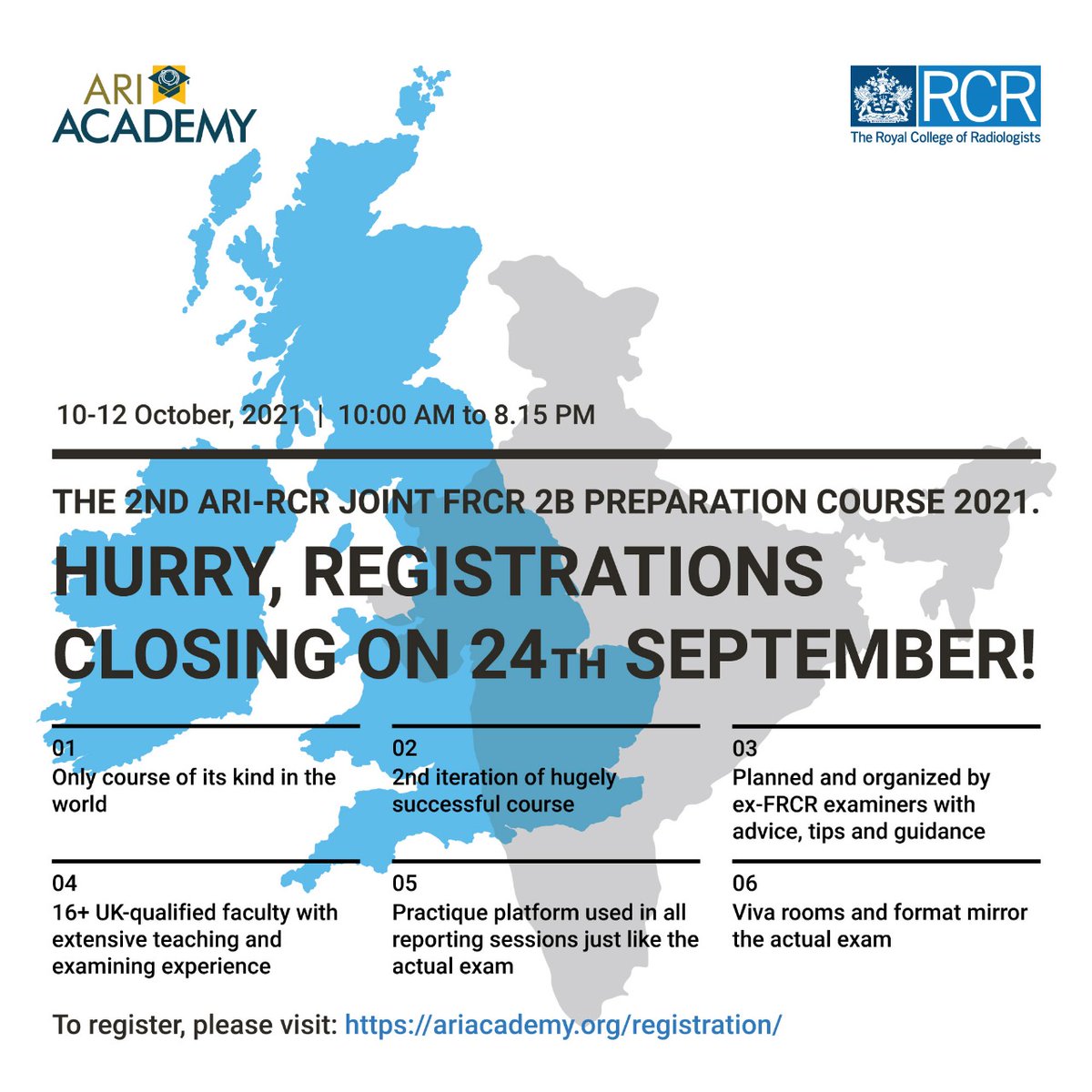 ARI-RCR JOINT FRCR 2B PREPARATION COURSE 2021-Last call For registration! Book your place soon. 
To register please visit: ariacademy.org/part-2b-course…
 #radiology #FRCR2B #radiologist #medicalcollege #medicaleducation #training #apollohospitals