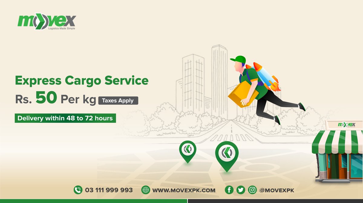 Get your heavy shipments delivered on best possible rates with fastest deliveries across Pakistan.  Avail Express Cargo Service at Rs.50 Rs. Per kg across Pakistan.
UAN:- 03111999993 (For All Locations)

#MOVEX #Contactlessdelivery #Deliveryservice #ecommerce #logistics