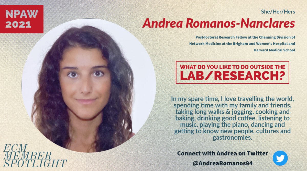 manaecm's tweet image. Dr. Andrea Romanos-Nanclares @AndreaRomanos94, currently in the Channing Lab @BrighamWomens
@harvardmed is working on the molecular epidemiology of breast cancer, including investigations of diet, metabolomics, breast cancer incidence &amp;amp; survival.
#manaLUVSpostdocs #NPAW2021