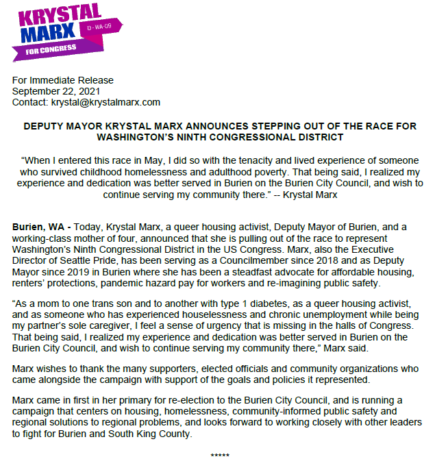 KrystalForWA's tweet photo. While this wasn't the direction we initially wanted to go, it has become clear that my dedication and work is needed close to home and @ElectGallardo will make a stellar Congresswoman. (Picture: Press release announcing the end of Krystal for Washington's congressional campaign.) https://t.co/emUXo6MZtW