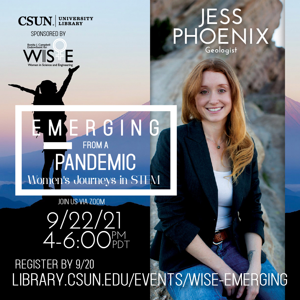 CSUNLibrary's tweet photo. Join us on Zoom this afternoon!
CSUN WISE Presents: Emerging from a Pandemic - Women’s Journeys in STEM, with special guests CSUN Alumna Blanca Hoffmeier, Jess Phoenix, and Andrea Koumvakalis.
Register: https://t.co/eGF57M6R96
#CSUN #WomeninSTEM https://t.co/v0q7Wno1gU