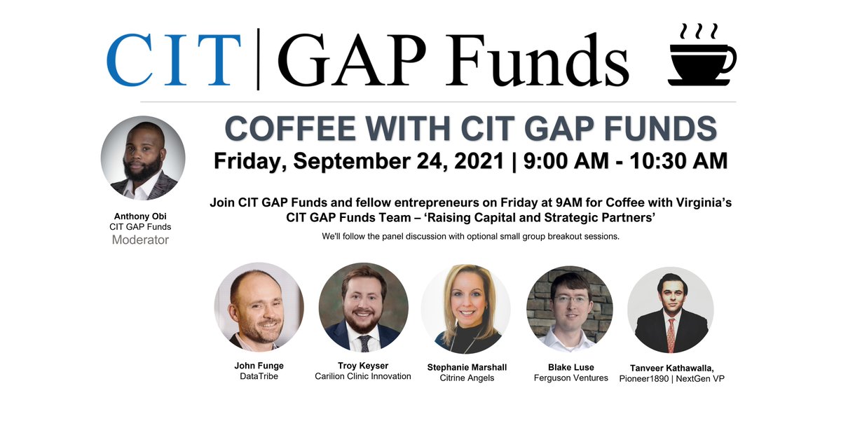 VirginiaIPC's tweet photo. Join CIT GAP Funds and fellow entrepreneurs on Friday, Sept. 24 at 9AM for Coffee with Virginia’s CIT GAP Funds Team – ‘Raising Capital and Strategic Partners’ ☕️ #VABiz #CITGAPFunds #Virginia #StartUps
https://t.co/pvvadbp4vz https://t.co/ME6bH3mKoK