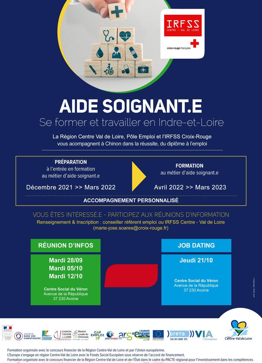 #AvecPôleEmploi Bientôt à Chinon😀 : une formation inclusive d'aide soignant 🏥avec un emploi durable à la 🗝️ Des partenaires #tousmobilisés pour le sourcing 👍
Intéressé(e) ? contactez votre conseiller référent 📲 il reste encore quelques places !   @poleemploi_RCVL