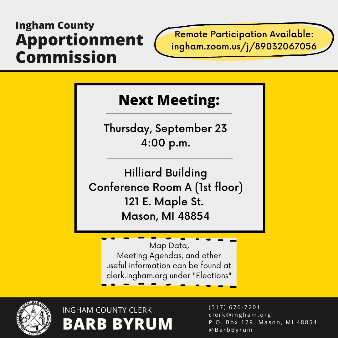 BarbByrum's tweet photo. On Friday, September 23 at 4PM the Ingham County Apportionment Commission will hold their meeting at the Hilliard Building in Mason. #InghamVotes https://t.co/MqIx9r8E8d