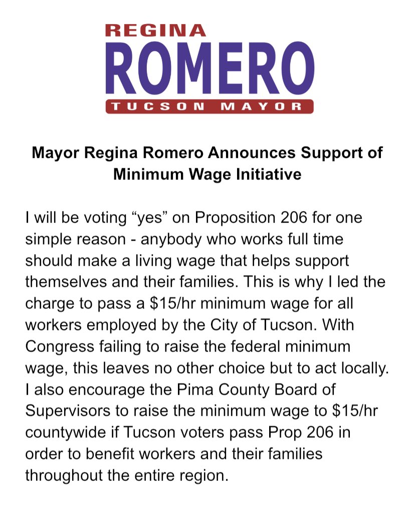 TucsonRomero's tweet photo. I will be voting “yes” on Proposition 206 for one simple reason - anybody who works full time should make a living wage that helps support themselves and their families. https://t.co/3ojDx8uUTJ