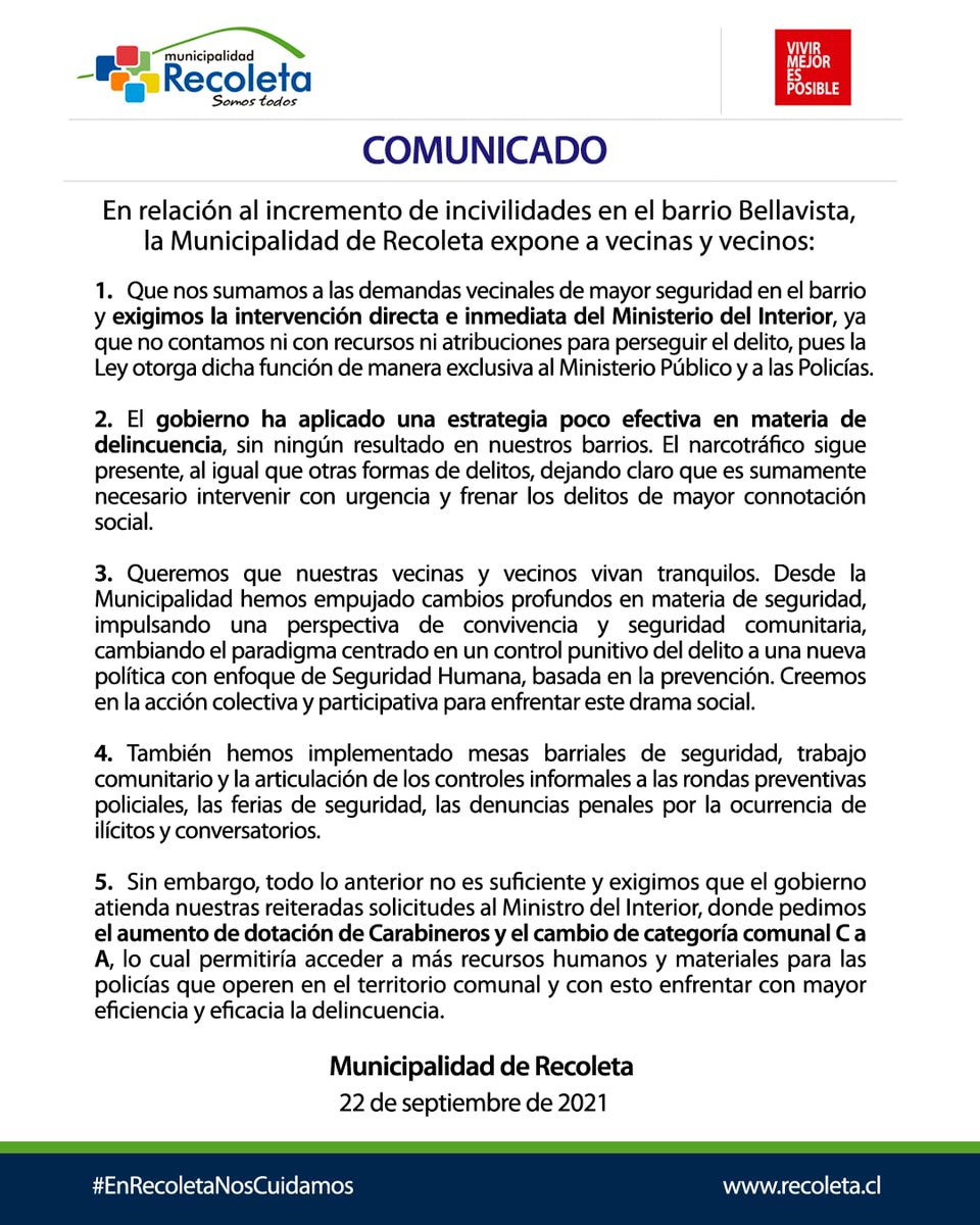 Situación del barrio bellavista es insostenible. Exigimos intervención inmediata del Ministerio del Interior, quien es responsable de resguardar la seguridad del barrio. Nuestros vecinos y vecinas tienen el derecho de vivir en tranquilidad.
