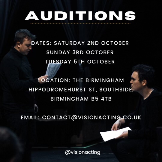 VisionActing's tweet image. AUDITIONS! 📣

Our next round of auditions are very soon! If you would like to take your acting to the next level, get in touch today! 

Saturday 2nd Sunday 3rd &amp;amp; Tuesday 5th October. 

To register use the link in our bio or email your interest today. 🥳