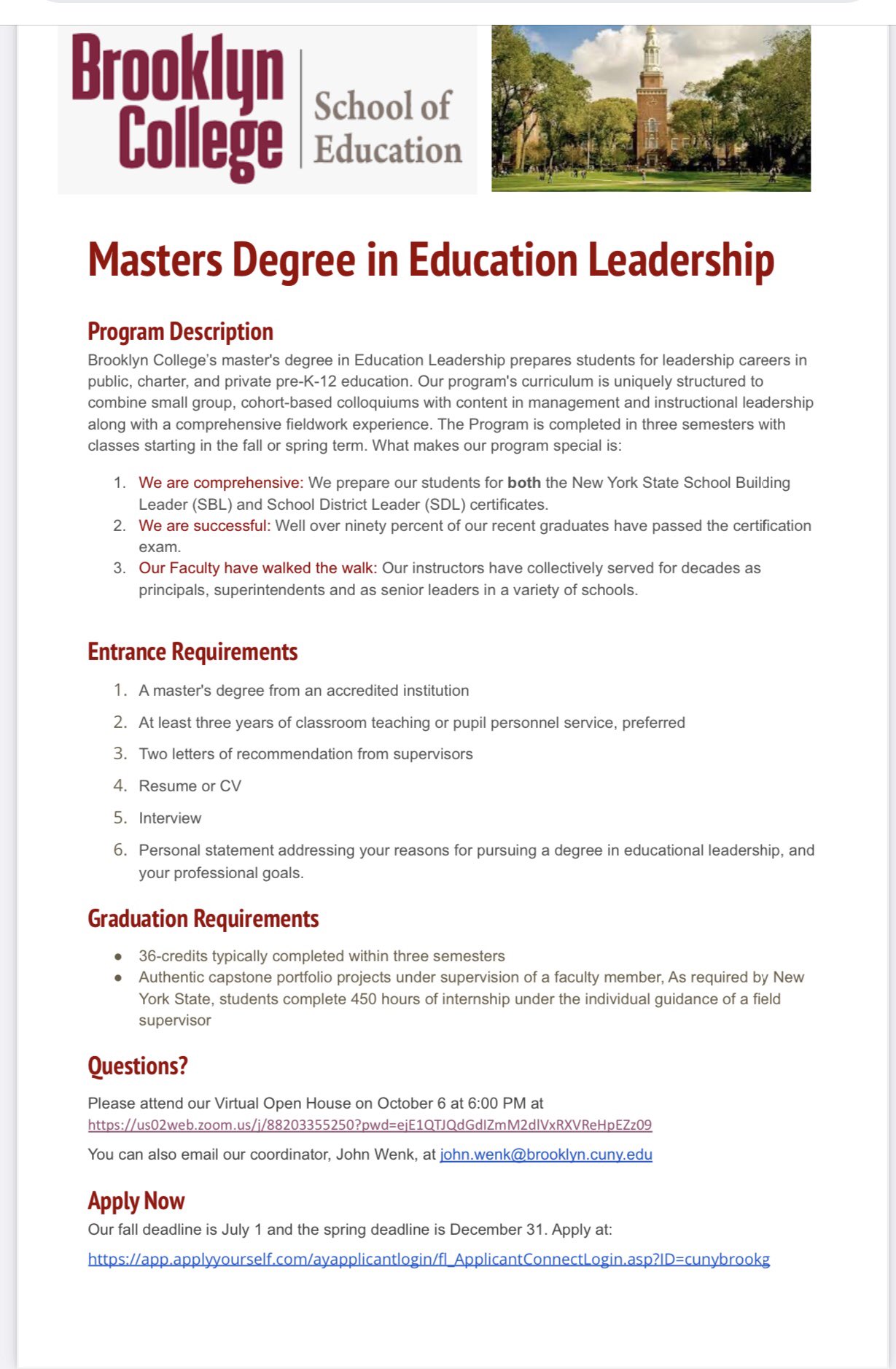 Brooklyn College Final Exam Schedule Fall 2022 David Bloomfield On Twitter: "Aspiring Education Leaders! @Bklyncollege411  Combined Sbl/Sdl Master's Degree Prepares Students For School & District  Leadership Careers In Public, Charter, And Private Prek-12 Education.  Applications Now Open For 3