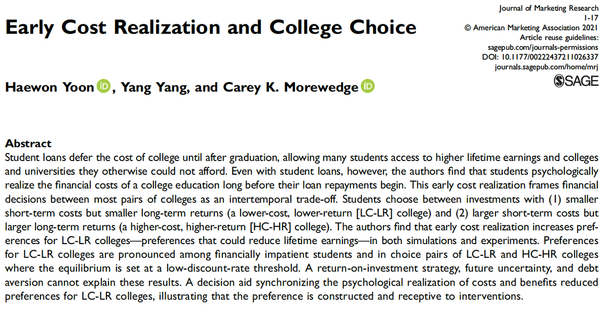Carey Morewedge (@morewedge) on Twitter photo 1/x. #Studentdebt is at an all time high, & students are advised to treat #highereducation as an investment decision. What happens when they do? We find tuition myopia can lead them to choose #colleges that lower lifetime earnings. New in <a href="/AMA_JMR/">Journal of Marketing Research</a>.
journals.sagepub.com/doi/10.1177/00… 1/x. #Studentdebt is at an all time high, & students are advised to treat #highereducation as an investment decision. What happens when they do? We find tuition myopia can lead them to choose #colleges that lower lifetime earnings. New in <a href="/AMA_JMR/">Journal of Marketing Research</a>.
journals.sagepub.com/doi/10.1177/00…