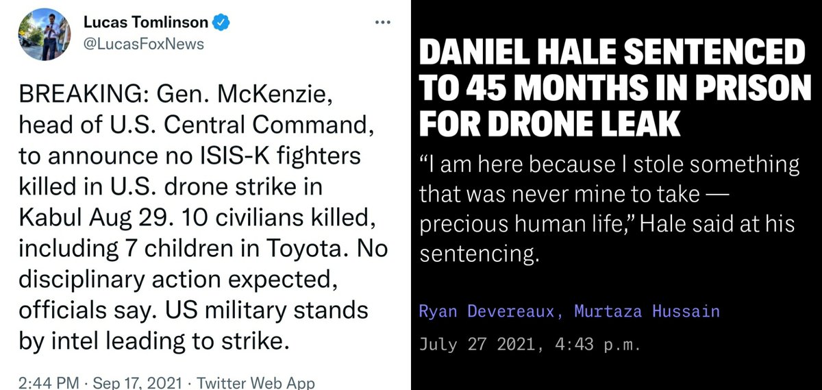 RealSpikeCohen's tweet photo. Punishment for murdering a family in a drone strike: nothing.

Punishment for letting us know that the government is murdering families in drone strikes: 45 months in prison. https://t.co/SL3QW2lRAb