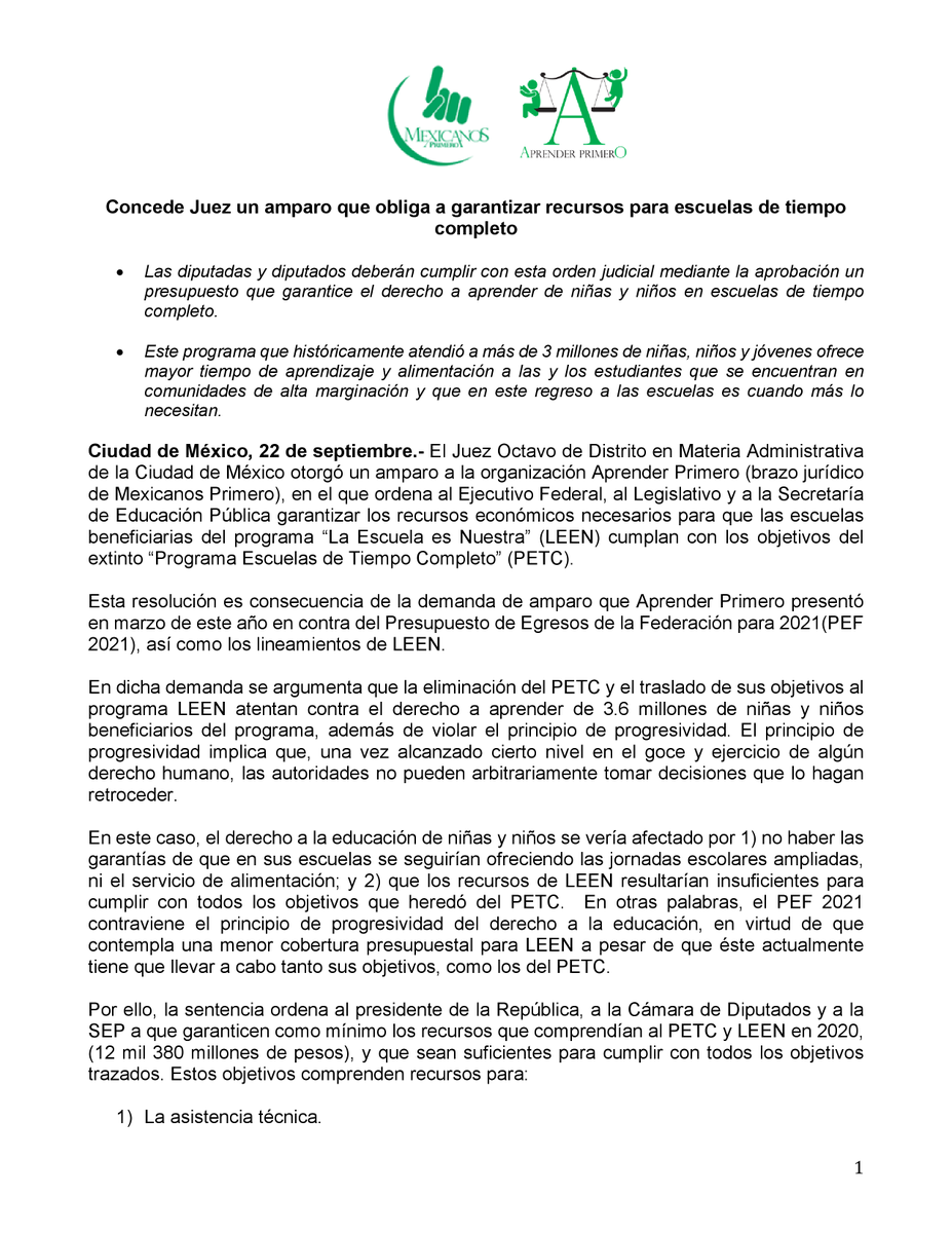 Mexicanos1o's tweet photo. El Juez Octavo de Distrito en Materia Administrativa ordenó al Ejecutivo Federal, al Legislativo y a la SEP garantizar los recursos económicos para que las escuelas en el programa De Tiempo Completo cumplan sus objetivos en favor de niñas y niños. https://t.co/FAPmgyJQ7N