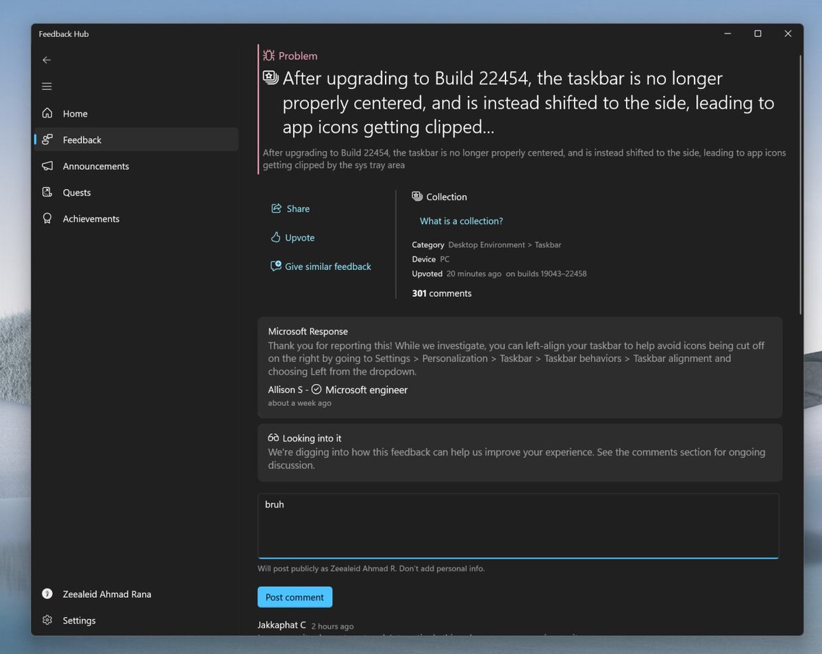 FireCubeStudios's tweet photo. Feedback Hub updated with a Windows 11 design. There are minimal changes and no mica so I am expecting more changes coming soon. Thanks to @zeealeid for posting, pls follow @zeealeid so he reaches 4K followers
#Windows11 #FluentDesign https://t.co/gUXzC7soui