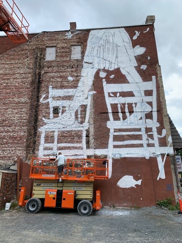 LikeLowell's tweet photo. A peek at the new Beyond Walls mural going up on Market Street. Stay tuned for more updates! #Lowell #LikeLowell #urbanart #streetart https://t.co/V6xfNlwBvi