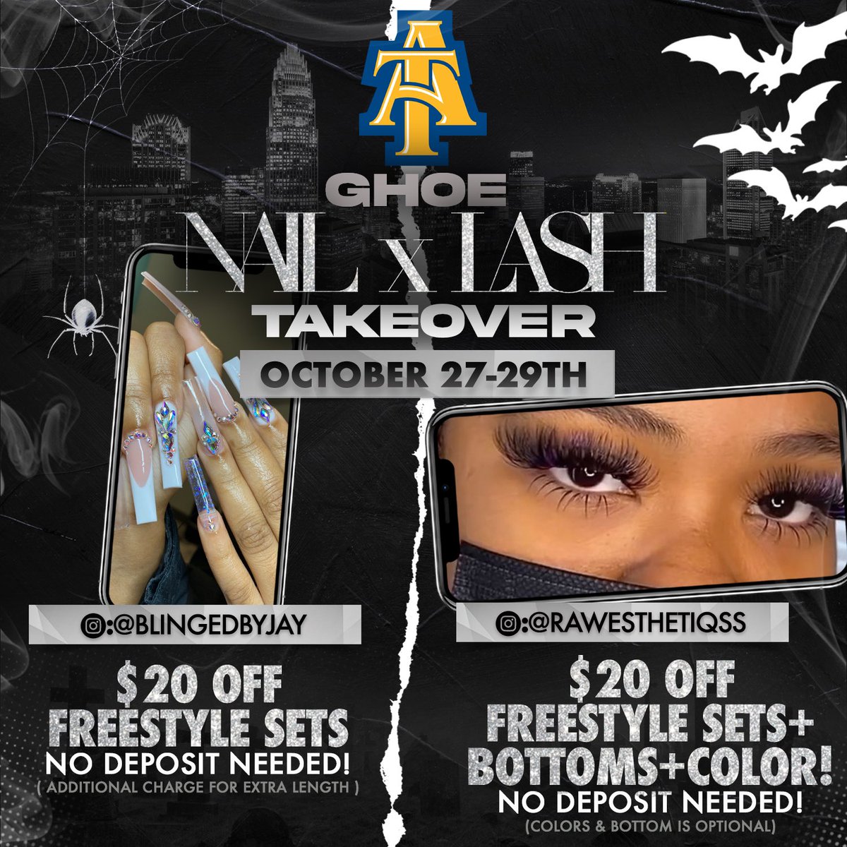 ITS HOMECOMING YALL🥳 & we’re taking over GHOE💛💙 
#ghoe #hoco21 #hbcu #ncat #uncg #wssu #Ghoetakeover #happyhalloween #lashes #nails #cltlashes #cltnails #charlottelashes #charlottenails #336lashtech #336nailtech #336lashes #336nails #highpointlashes #highpointnails #homecoming