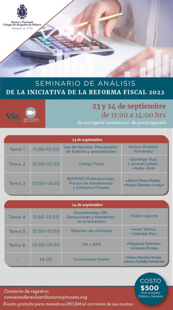 ArturoPueblita's tweet photo. La propuesta de reforma fiscal 2022 tiene muchos temas relevantes. No se pierdan este Seminario que organiza la Comisión de Derecho Tributario del @INCAM_Abogados https://t.co/6SPqjkMdnc